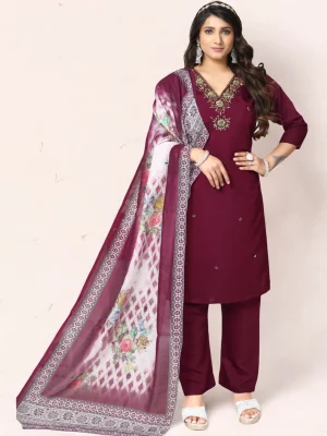 Elegant Maroon Cotton Dress with Dupatta and Pant – Perfect for Young Women by The Fashionam